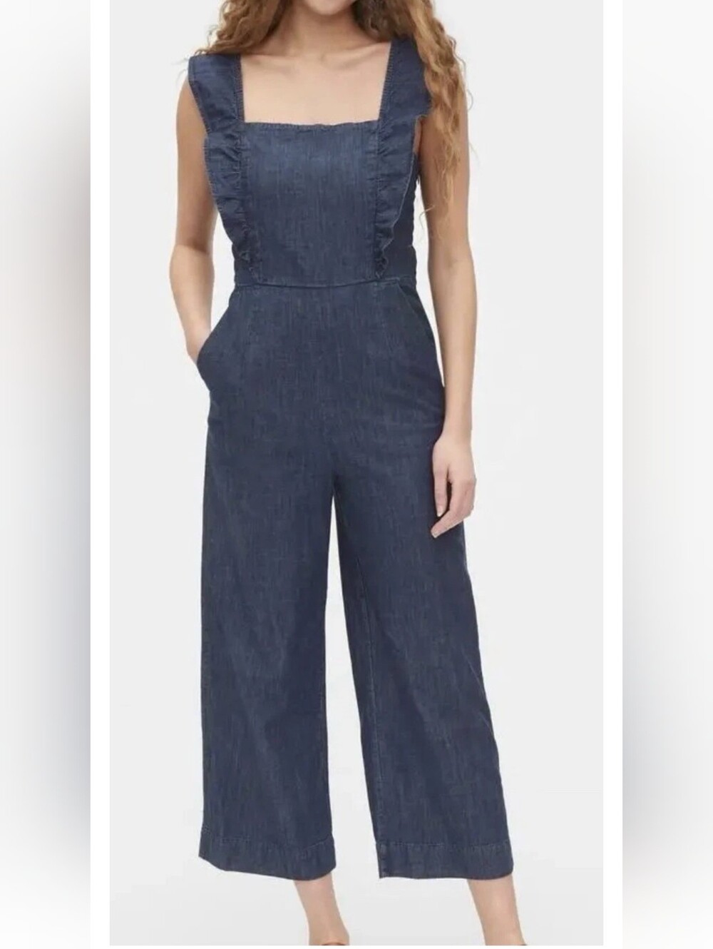 Gap Denim Jumpsuit Women's 6 Blue Chambray Ruffle Apron Wide Leg Crop Smocked